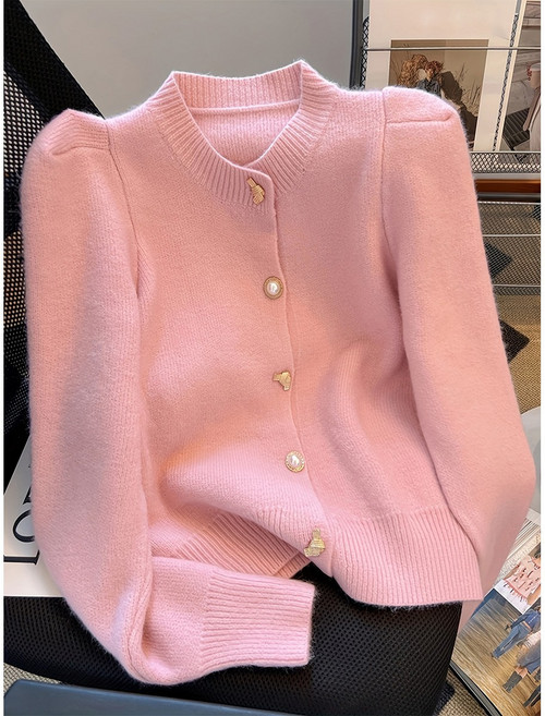 Kdragon 버블 슬리브 라운드넥 메탈 버튼 니트 가디건