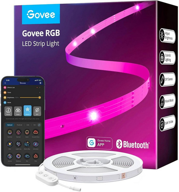 Govee 100피트 LED 스트립 조명 앱 제어가 가능한 블루투스 RGB LED 조명 64개 장면 및 음악 동기화 LED 스트립 조명, 16.4피트