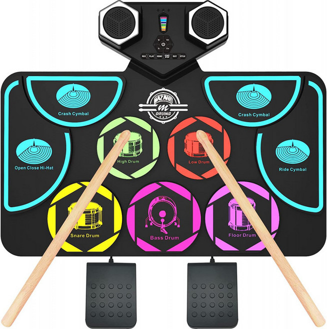 실리콘 USB 전자드럼 드럼패드 전자드럼패드 드럼연습패드 롤업드럼 전자드럼 미디드럼 타격패드 전자악기 전자드럼세트 미디컨트롤러 전자드럼 무소음드럼 가정용드럼 입문용드럼 초보자드럼, 1개, KD20-컬러 (듀얼 스피커)