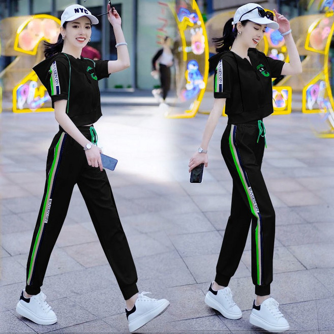 Krismile여성 여름 스포츠 투피스 반팔 티셔츠 운동팬츠 투피스 발편한 운동복 레져 슈트 XX4A21tz3