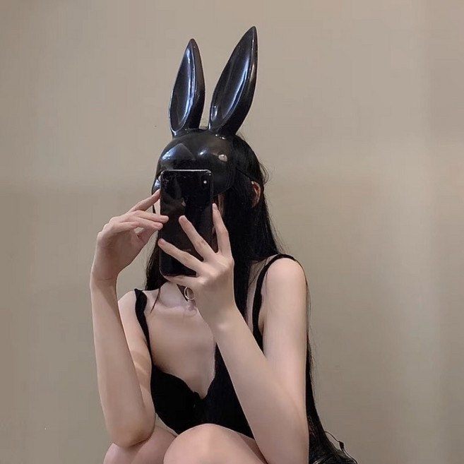 萬聖節裝扮 血腥兔面具 cosplay 恐怖毛絨面具, 1個, 性感黑兔耳*2