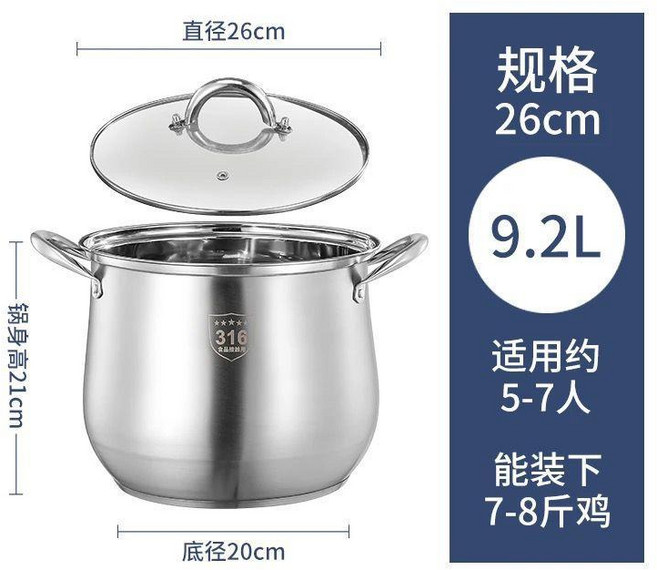 不鏽鋼316大容量湯鍋 26cm 9.2L, 1個, 316L抗菌級不鏽鋼 加大加深,雙層複合鋼22CM+蓋子