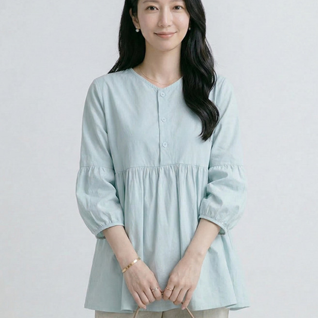 나바바 NB3075 여성 러블리 루즈핏 셔링 퍼프 7부 블라우스