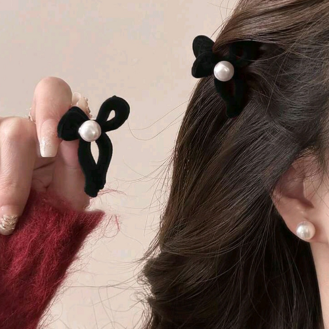 미니진주포인트벨벳리본집게핀(2개한세트)