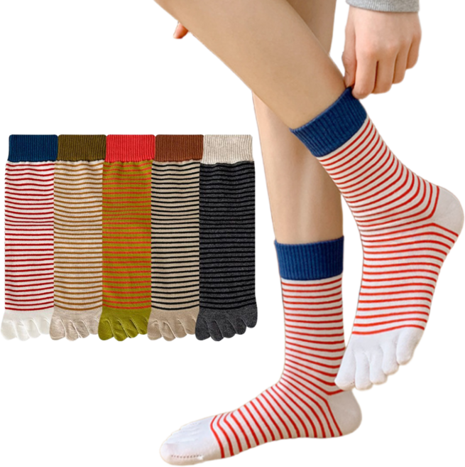 심플리비 여성 스트라이프 포인트 중목 발가락 양말 5켤레