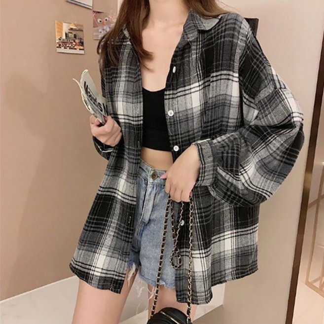 데일리쮸 여성 루즈핏 체크 셔츠 남방