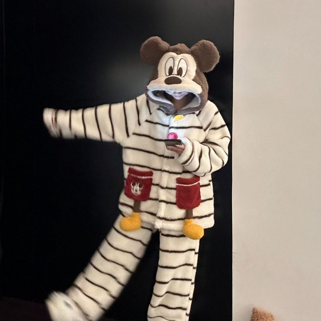 싱싱덴덩 여성잠옷 겨울 파자마 세트 후드 스트라이프 코랄 융모 실내복