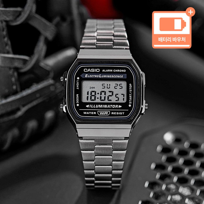 카시오 남성 빈티지 레트로 클래식 스탠다드 메탈 디지털 시계 + 배터리 바우처