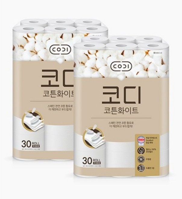 코디 3겹 천연펄프 코튼화이트 화장지 30m x30롤 x2팩, 1개