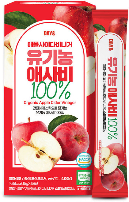 DAY 유기농 애사비 100% 애플사이다비니거/스틱/자연발효/사과초모식초/고함량유기산/휴대용, 15g, 15개