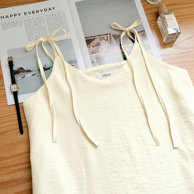 柔霧棉麻綁帶A字短洋裝 連身裙 吊帶裙 氣質洋裝, 現貨-米色F