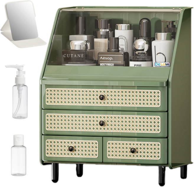DeLoMi 다용도 대용량 3단 화장품 수납함 방진 투명커버 서랍형 화장대 정리함 라탄감 디자인 메이크업 보관함, 그린