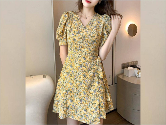 法式碎花深V領雪紡洋裝, 黃色