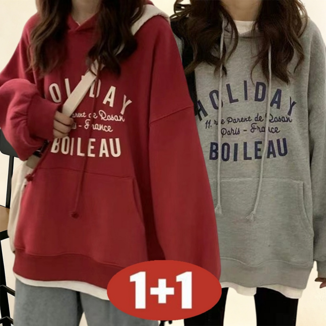 오스틱니 빅사이즈 1+1 루즈핏 프린트 여성 후드티 레터링 심플 포켓 bf 무지 간절기 캐릭터 이너 오버핏 코디 풀오버 캐주얼 패션 데일리 홀리데이 겨울 보온 기모 상의 맨투맨2P