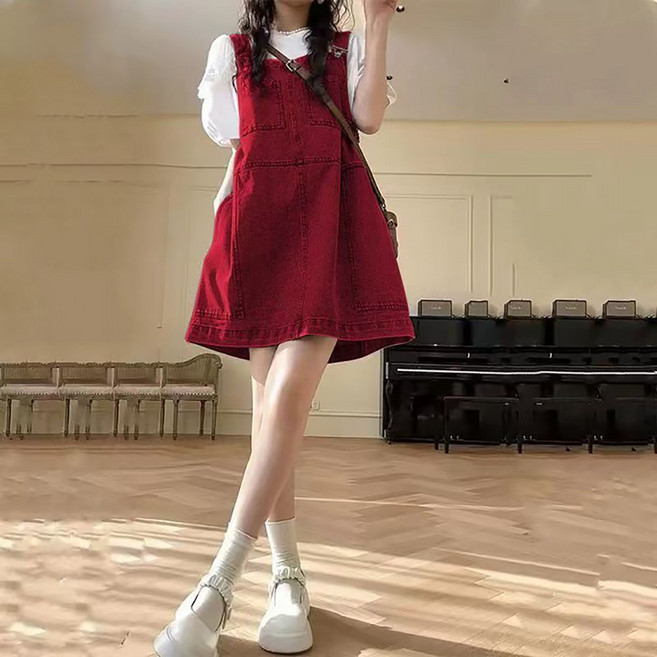 ROYALBELLE 여성 데님 멜빵 원피스 미니 A라인 심플 귀여운 캐주얼 데일리룩 원피스 I071402