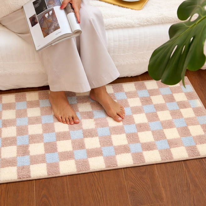 심플리베스트 3초흡수 빨아쓰는 호텔식 캐시미어 화장실 주방 욕실 발매트, 1개, 노드릭체크 브라운x스카이