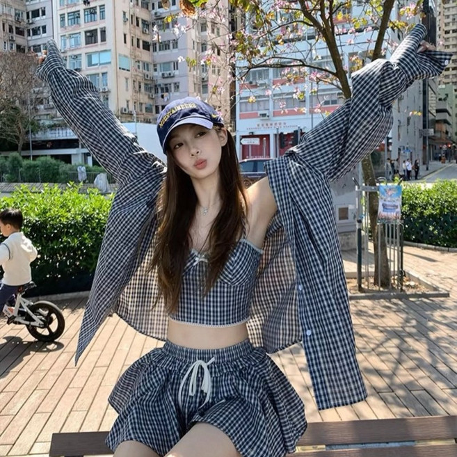 COSYEVNO 여성 캐주얼 세트 패션 데일리룩 루즈핏 긴팔셔츠+나시+미니스커트 쓰리피스