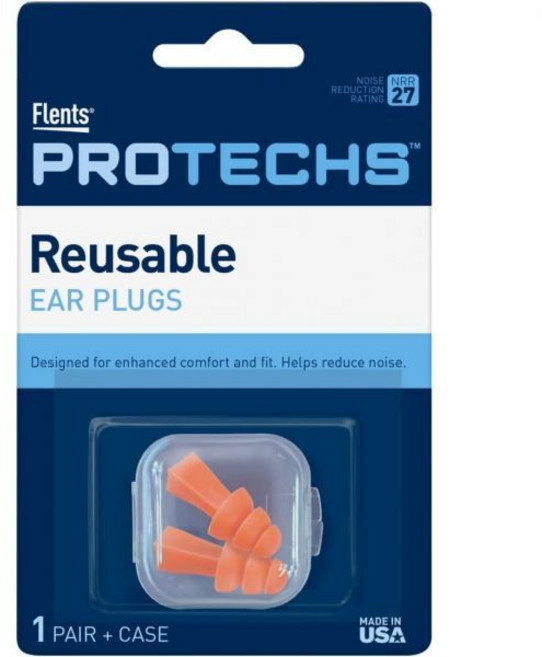 Flents Protechs 귀마개 수면 코골이 시끄러운 소음 콘서트 건설 공부 및 여행에 적합한 재사용 가능한 귀마개 1쌍 NRR 27 오렌지색 미국산, 1 Pair