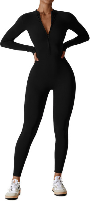 ECUPPER 여성 긴팔 요가 바디슈트 보디빌딩 집업 슬림핏 점프수트 운동복