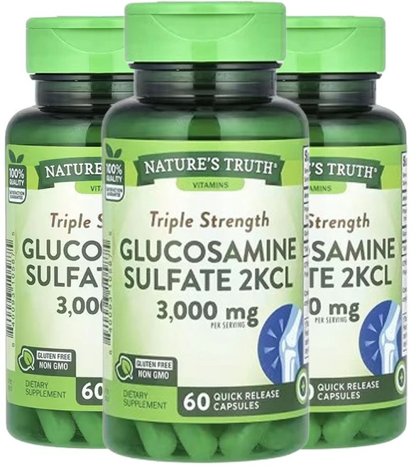 네춰스 트르스 삼중 강도 글루코사민 황산염 2KCL 3 000mg 빠른 방출 캡슐 60정(캡슐당 1 000mg), 3팩, 60정 - 쿠팡
