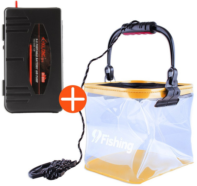 999피싱 투명 접이식 두레박 낚시 살림통 휴대용 기포기 세트, 블랙, 옐로우