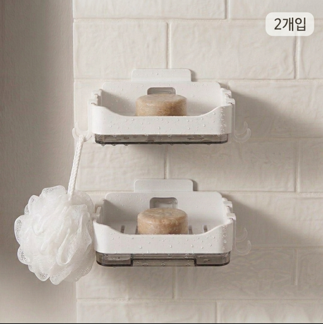 리노이 무타공 물받침 샤워볼 고리 달린 비누 홀더, 2개, 화이트