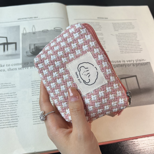 띵룸 해피걸 트위드 체크 미니 파우치 동전지갑 에어팟 립스틱 보관함