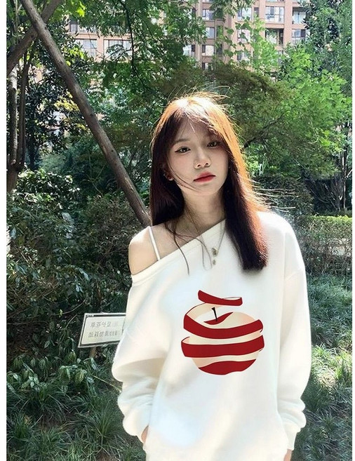 여성 오버핏 오프숄더 프린팅 긴팔 티셔츠