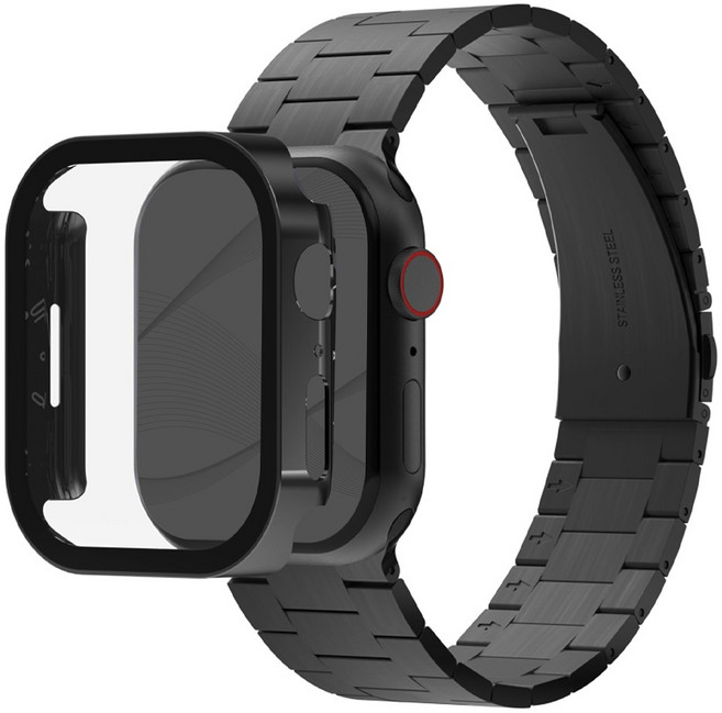 아이메이드잇 애플워치 호환 로이스 메탈 스트랩 + 풀커버 보호 일체형 케이스, 블랙