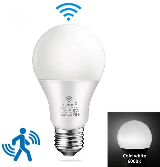 6PCS 220V PIR 모션 센서 램프 9W 12W LED 전구 적외선 방사선 탐지기 보안 빛, [02] Cold White, 01 20W