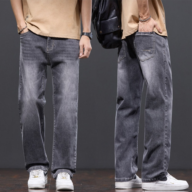 wassup 남자 청바지 일자핏 여름용 얇은 스판 남자 와이드 청바지 빅싸이즈 통바지