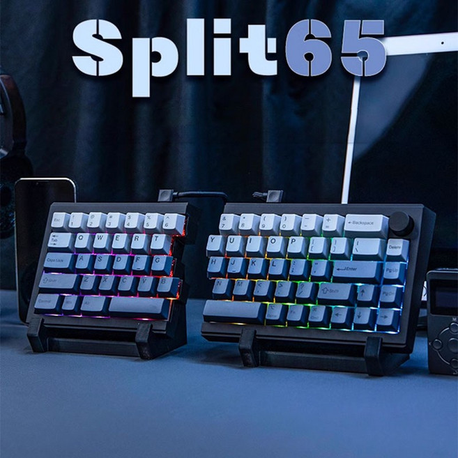 [HL샵]EPOMAKER Split65 에포메이커 분리형 기계식키보드 커스텀 3모드 무선 블루투스 QMK/VIA 노브 사무용 게임용 인체공학적 키보드, 퍼플축, 네이비