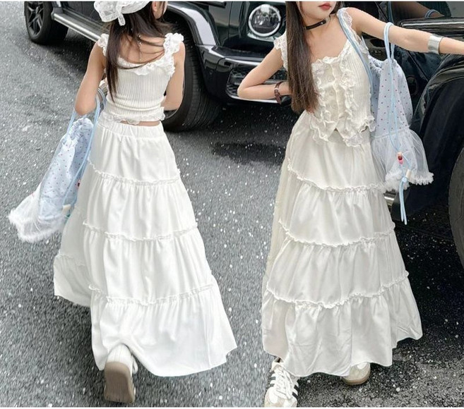 Toruva어린이 여름 민소매 레이스 롱 원피스 세트 귀여운 레이어드 디자인14세 이상