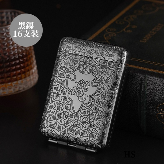 鋅合金立體浮雕香菸盒 防水防潮大容量 自動開盒設計 堅固耐用 黑鎳款, 1個, 02-黑鎳