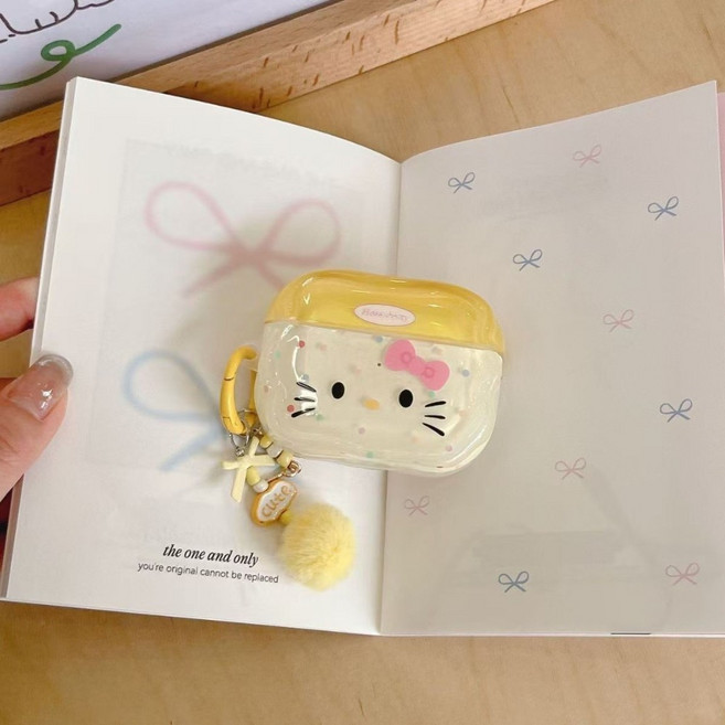 리본 고양이 에어팟 키링 케이스(모든기종 가능), 옐로우, 1개, 일반4세대