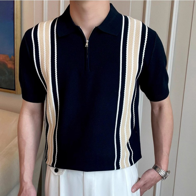 꽃소담 남자 세로 줄무늬 아노락 반팔 니트 티셔츠 오피스룩 니트 카라티 HZHF2548