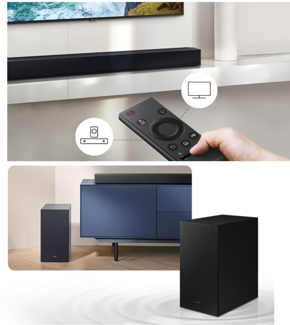 삼성 사운드바 +무선우퍼 스피커 2.1채널 블루투스 옵티컬-광단자 USB 돌비 DTS 홈씨어터 저음 베이스부스트 영화 음악 리모컨