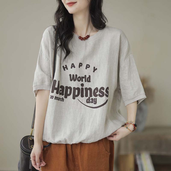 AOKADA 여성 린넨 반팔 티셔츠 오버핏 레터링 프린팅 여름 상의 반팔티