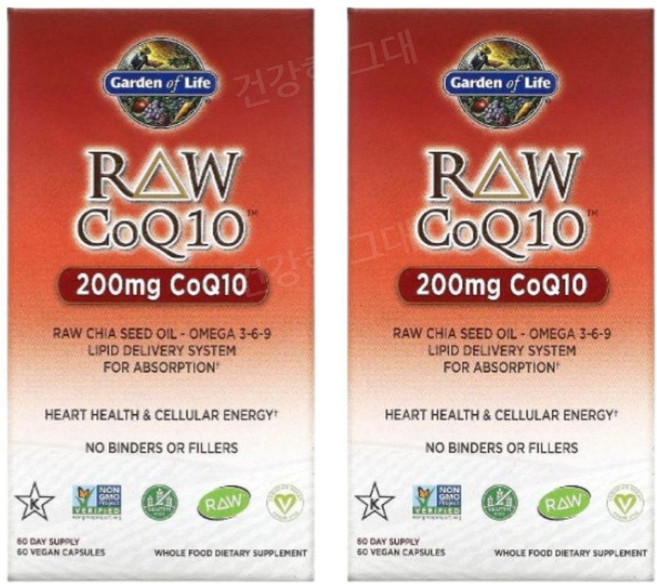 Garden of Life Raw CoQ10 가든오브라이프 로우 코큐텐 200mg 60베지캡슐 2팩, 2개, 60정