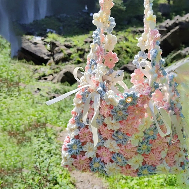 꽃가방 코바늘 뜨개질 DIY 키트 꽃 숄더백, C 안감 포함 소재 패키지