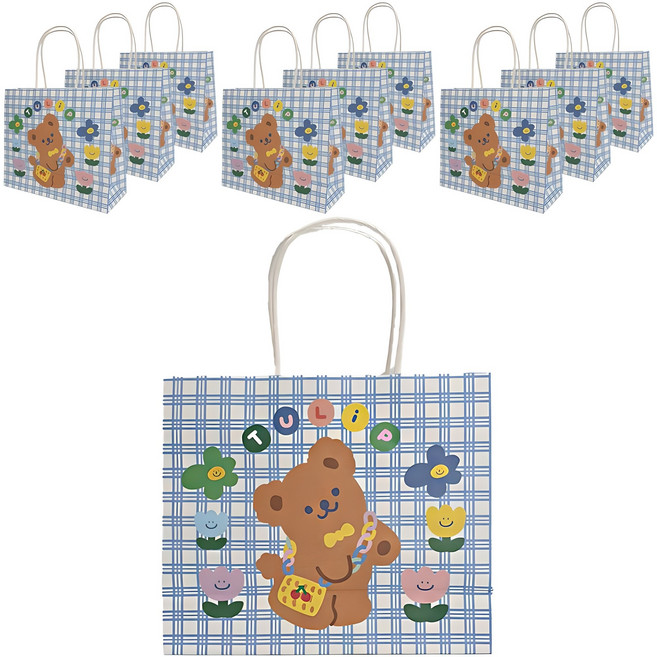 아이작큐브 선물포장 곰돌이체크 종이가방, 블루, 10개