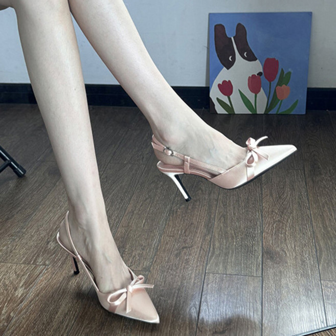 슬림소녀 여성 여름 새틴 리본 스틸레토 하이힐 7cm 솔리드 하이힐