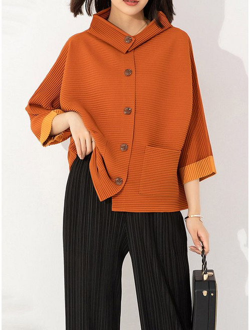 프린플리츠 소매 배색 플리츠 블라우스