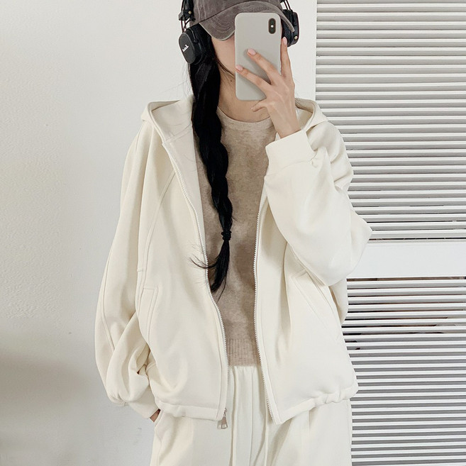 여성 오버핏 세미크롭 사선절개 후드집업 간절기 데일리 아우터 5color