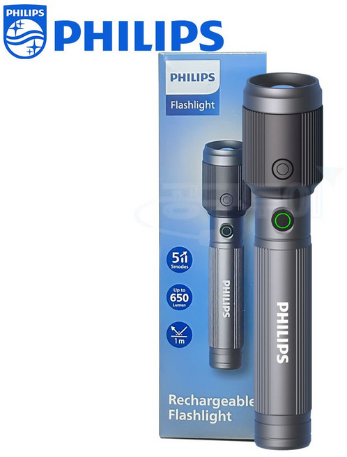 필립스 충전 LED 플래시 손전등 SFL2141 라이트 650루멘 랜턴 캠핑 손전등 등산 낚시 SOS모드, 1개, 블랙