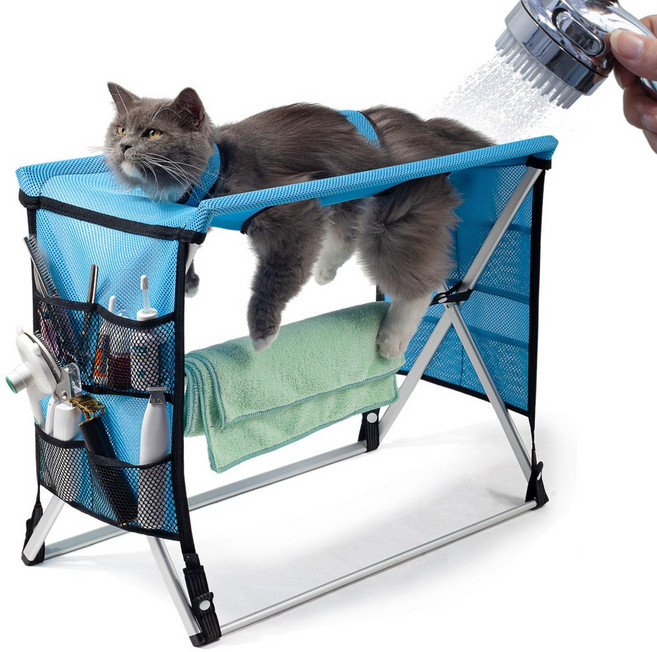 MIFNRO 고양이 강아지 겸용 접이식 소형 애견미용대 목욕 거치대, 1개, 푸른 색