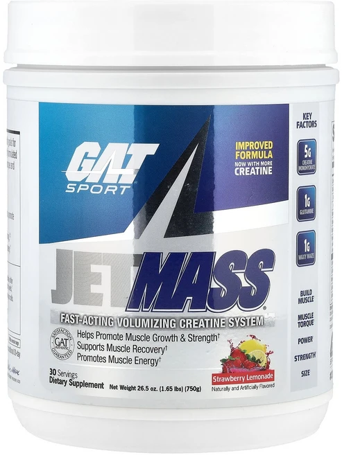GAT JetMASS® Fast-Acting Volumizing Creatine System Strawberry Lemonade 1.65 lbs (750 g), GAT, JetMASS®, Fast-Acting Vo, 750g, 1개 - 쿠팡