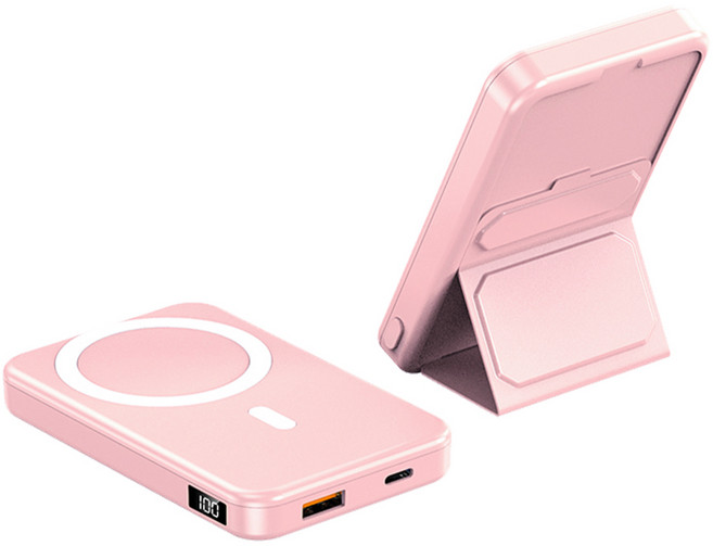 바나나랜드 맥세이프 PD 무선 고속 충전 보조 배터리 대용량 10000mAh 마그네틱 자석 스탠드 거치대 잔량표시 기내반입가능 비행기, 핑크(A27-1)
