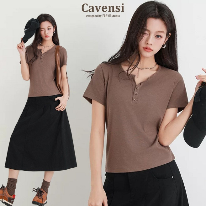Cavensi 萊賽爾天絲排釦小V領上衣 涼感短袖 T恤女