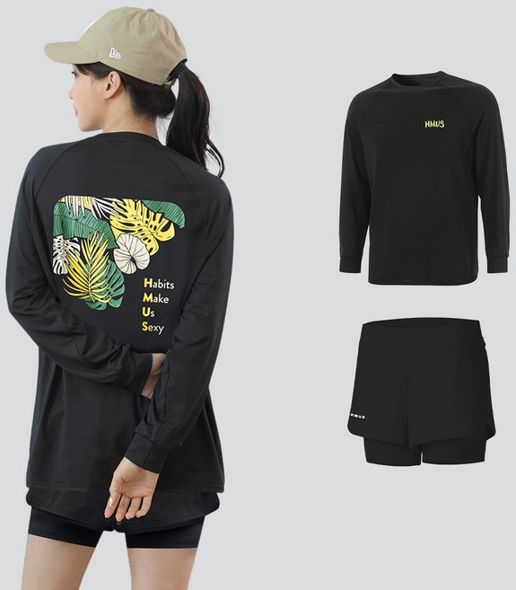 남자 여자 루즈핏 긴팔 래쉬가드 상의 + 반바지 레깅스 상하의 세트